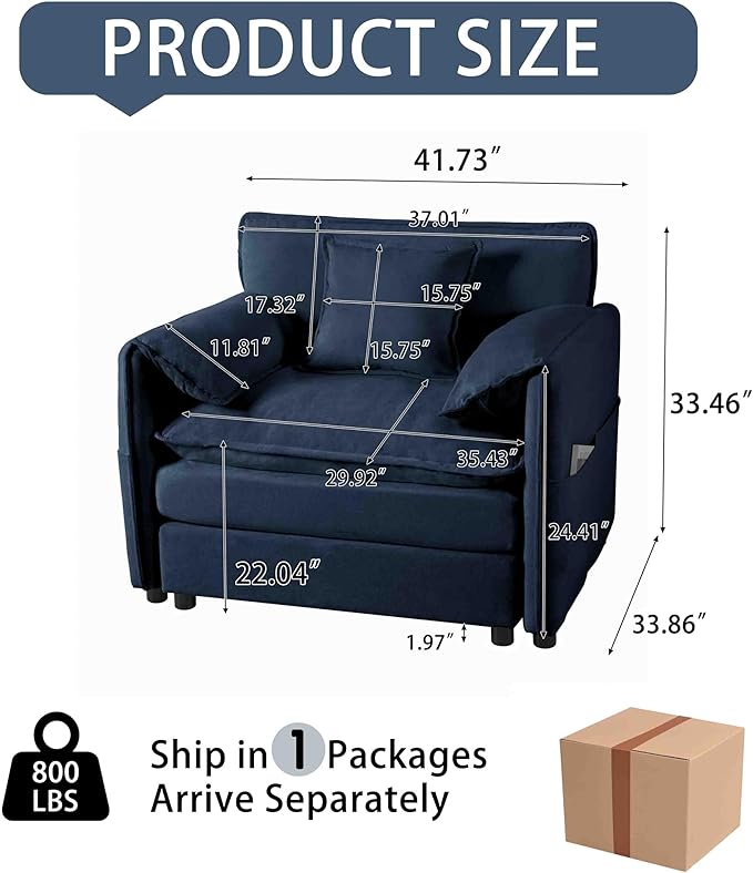 Modular Oversized Sofa Chair - 41.73 Chenille Upholstered Armchair w/Removable Pillow &amp Storage Pockets Heavy Duty 800lbs Capacity DIY Sectional for Living Room &amp Apartment (Blue)