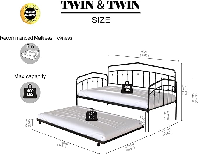 Christopher Knight Home Fox Twin Daybed with Trundle Metal Sofa Bed Set Rollaway Daybed Couch Bed Frame for Bedroom Living Room Guest Room Elegant and Simple Style Anti-Noise Easy Assembly White