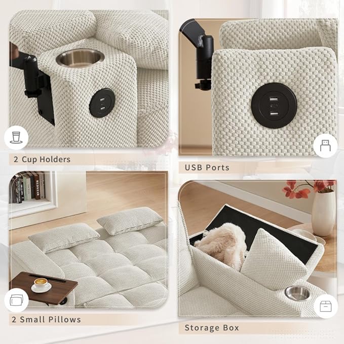 65'' Convertible Sleeper Sofa Bed with Adjustable Backrest Chaise Lounge Side Table &amp USB/Type-C Ports – Stylish &amp Functional Addition to Any Living Room (Modern Beige Sofa Bed)