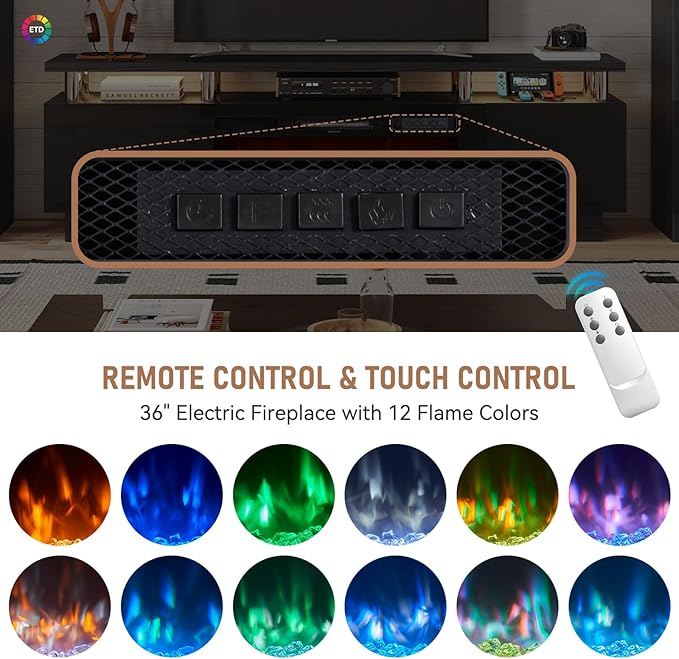 MXV 70 Fireplace TV Stand Modern Entertainment Center &amp 36 Inch Electric Fireplace with Remote Control LED Light Fire Place Tv Stand for Living Room for TVs up to 80 Black + Black