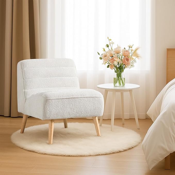 Mlmh &amp Kngwa 24.4 W Mid Century Modern Accent Chair Armless Accent Chairs Comfy Upholstered Reading Chair Chenille Vanity Chair for Living Room Bedroom Ivory