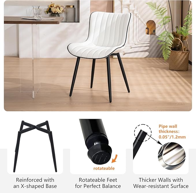YOUNUOKE Mid-Century Modern Dining Chairs Set of 2 White PU Leather Upholstered Kitchen Chairs with Black Metal Legs Armless Accent Chair for Dining Room Guest Reception Room