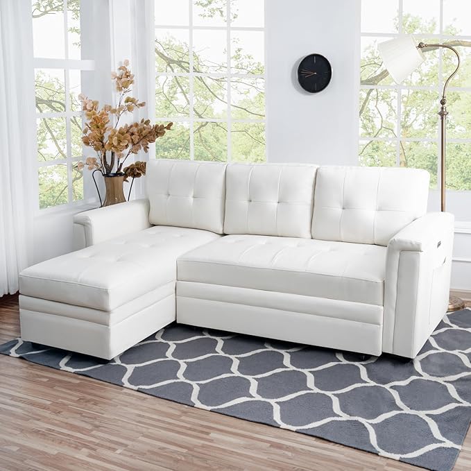 Naomi Home L-Shaped Sectional Sleeper Sofa with USB Ports - Convertible Pull-Out Bed Ample Storage Timeless Design Durable Construction White/Air Leather
