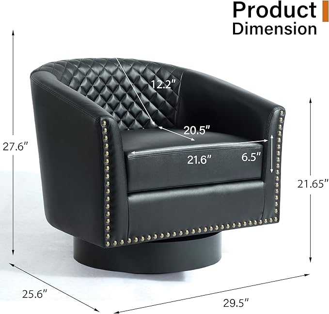 Lumibee 360° Swivel Barrel Chair Faux Leather Swivel Accent Chair with Nailhead Trim Upholstered Round Club Chair Armchair for Living Room Bedroom Black