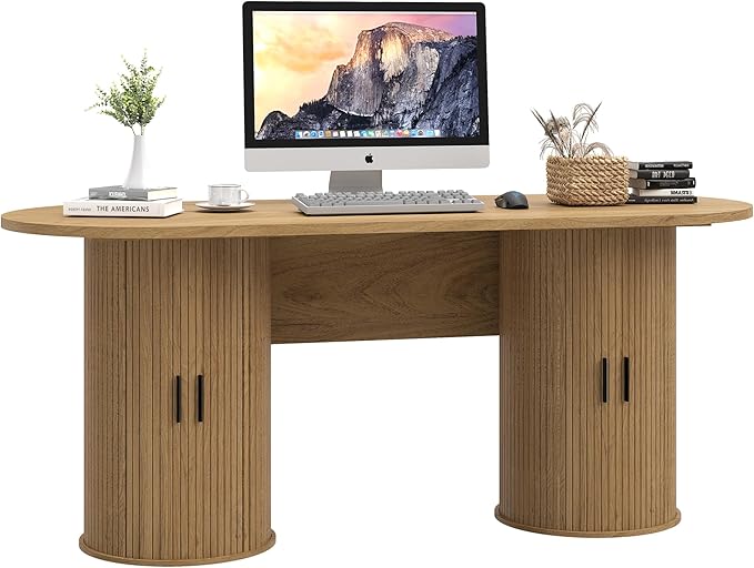 blini Executive Office Desk with Storage Fluted Wood Computer Desks with 2 Sliding Doors Mid Century Modern Oval Writing Table for Home Office Study Room Living Room