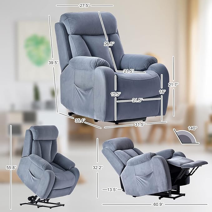 DAZONE Grey Small Power Lift Recliner Chair for Elderly - Quiet Motor Electric Recliner with Overstuffed Comfort with Space-Saving Design for Living Room Bedroom