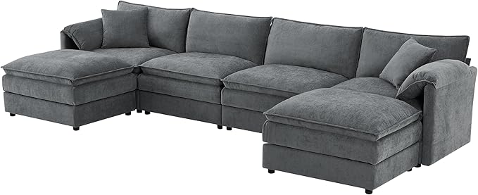 136 U Shaped Modern Cloud Sofa Modular Sectional Couch with 2 Ottoman 6-Seat Chenille Deep Seat Sofa with Pillow for Living Room Bedroom and Apartment Dark Grey