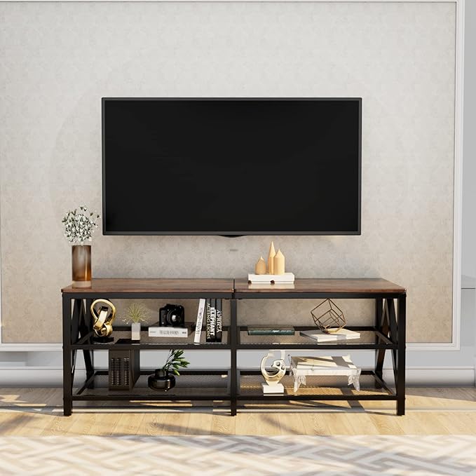 TV Stand for TVs up to 65 Inch 55 Long Industrial TV Console Table with 3-Tier Storage Shelves Entertainment Center for Living Room Bedroom (Brown)