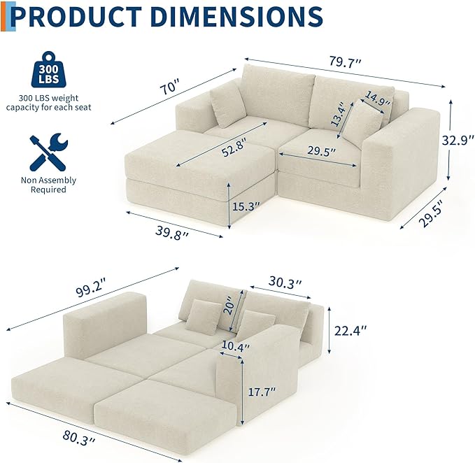 80 Modular Sectional Loveseat Sofa Bed No-Assembly Boneless Cloud Couch with Reversible l-Shape Chaise Non-Slip Deep Seat Chenille/Corduroy Sleeper for Small Living Spaces