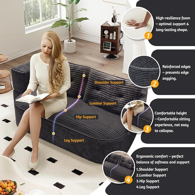 78.7 Folding Futon Corduroy Sleeper Sofa Bed Convertible Floor Boneless Sofa Full Size Compression Loveseat with 2 Pillows No Assembly 2-in-1 Foldable Couch for Living Room (Dark Gray)