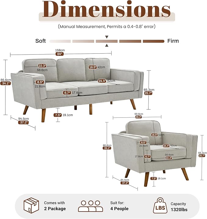 Kingfun Living Room Furniture Sets 3 Seater Couch and Armchair Mid Century Modern Sofa Set Chenille Couch with Solid Wood Frame for Living Room &amp Bedroom Khaki