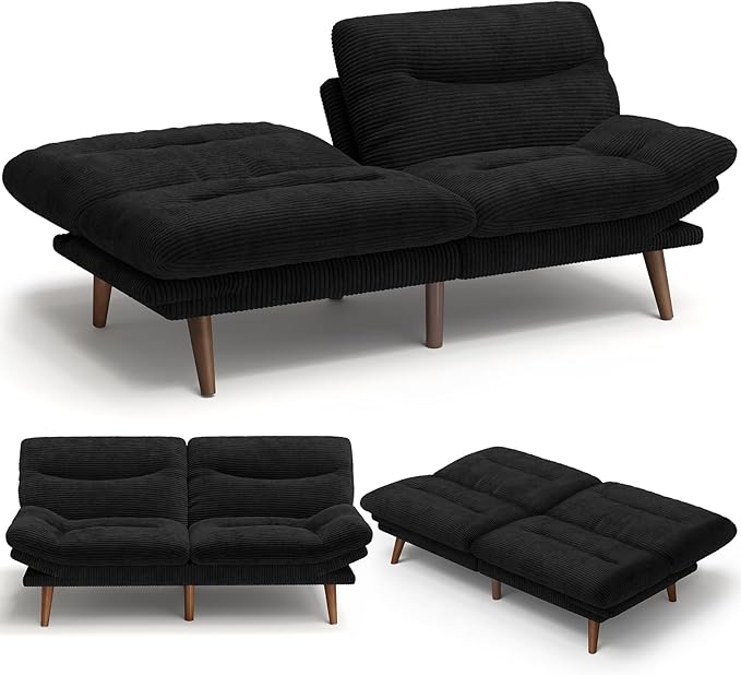 Amada 66 Convertible Futon Sofa Bed Corduroy Folding Futon Set with Adjustable Backrest &ampArmrests Recliner Lounge for Living Room Apartment or Office Solid Wood Frame Loveseat Sofa - Black