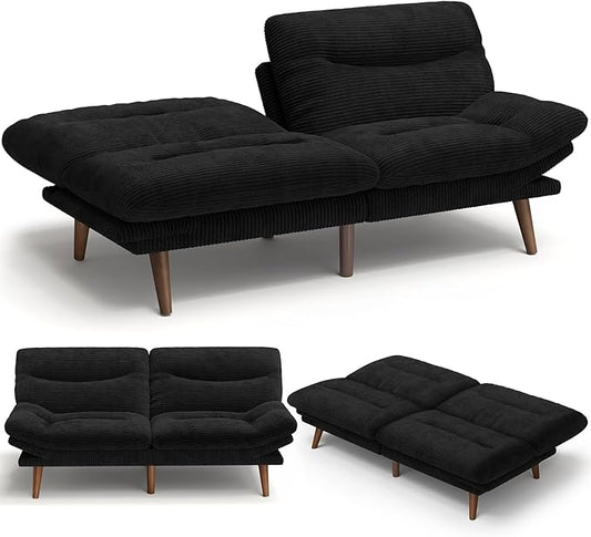 Amada 66 Convertible Futon Sofa Bed Corduroy Folding Futon Set with Adjustable Backrest &ampArmrests Recliner Lounge for Living Room Apartment or Office Solid Wood Frame Loveseat Sofa - Black