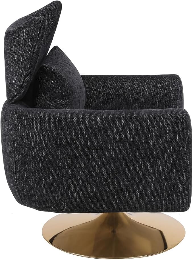 Swivel Accent Chairs for Living Room Mid Century Modern Accent Chair with Arms Comfy Side Chairs for Living Room with Gold Base &amp Lumbar Pillow Upholstered Armchair with Wingback (Black)