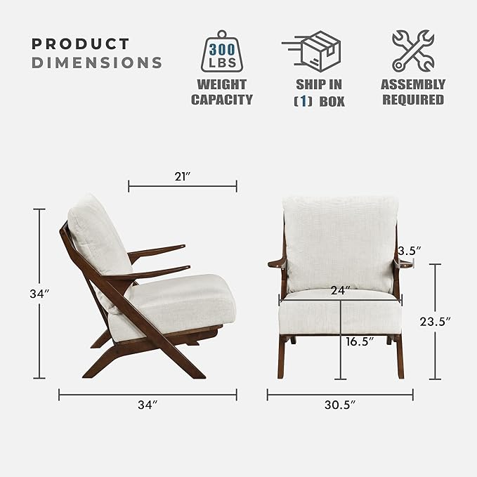 Lexicon Mid Century Modern Accent Chair Pascal Brown Solid Rubberwood Frame Reversible Back Cushion Woven Chenille Upholstered Reading Chair for Living Room/Bedroom/Office Beige