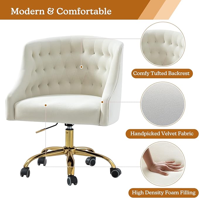 Velvet Home Office Chair with Gold Base Comfortable Modern Cute Desk Chair Adjustable Swivel Task Chair for Living Room Bedroom Vanity Study Ivory