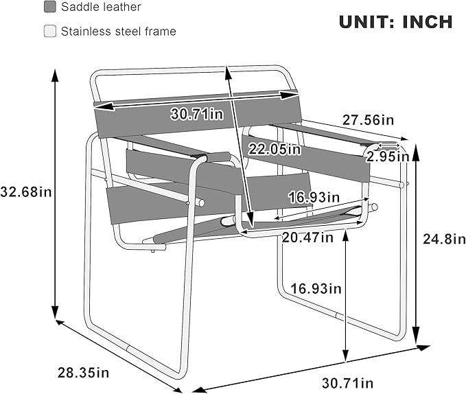 FULOL Saddle Leather Armchair Mid-Century Modern Accent Chair Studio Chair Stainless Steel Frame for Living Room Bedroom Office Studio White