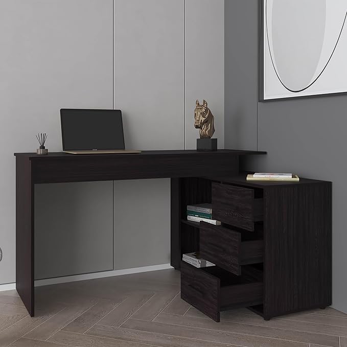 Tuhome Upton L-Shape Home Office Desk Modern Studio and Bedroom Study Table with Spacious Work Surface Built-in Shelves and Drawers for Storage Dark Wood Finish for Durability and Easy Maintenance