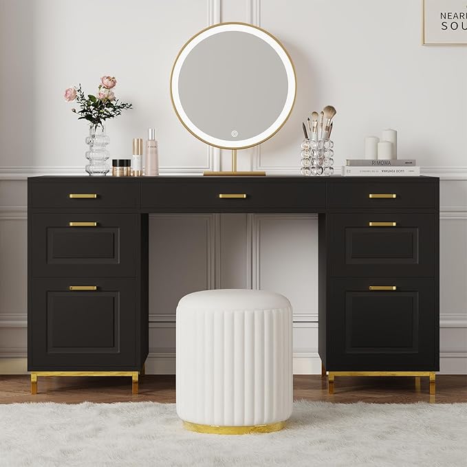 Black Desk with 7 Drawers 57 Executive Desk with Storage Black and Gold Desk for Home Office Makeup Vanity Desk with Golden Handle