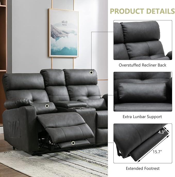 Power Reclining Loveseat with Console Power Loveseat Recliner Sofa with Heat and Massage Extended Footrest Wall Hugger RV Recliner with Cup Holders Lumbar Support for Living Room