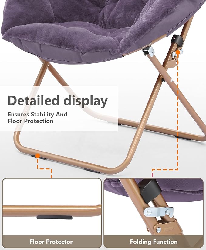 Cozy Saucer Chair Living Room Chair Faux Fur Soft Thick Padded Seat Metal Frame Folding Chair Comfortable Moon Chair for Living Room Bedroom Reading Nook Modern Style 2 Pack Purple