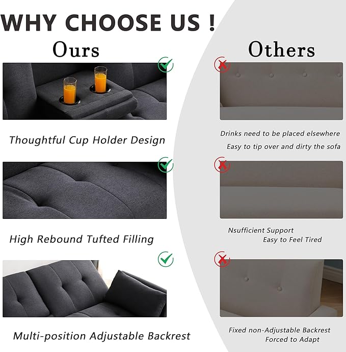70 Futon Sofa with CupholdersAdjustable Backrest Cotton Linen with Cup Holders and 2 Throw Pillows Sleeper Sofa for Living Room Apartment Small Space (Dark Grey)