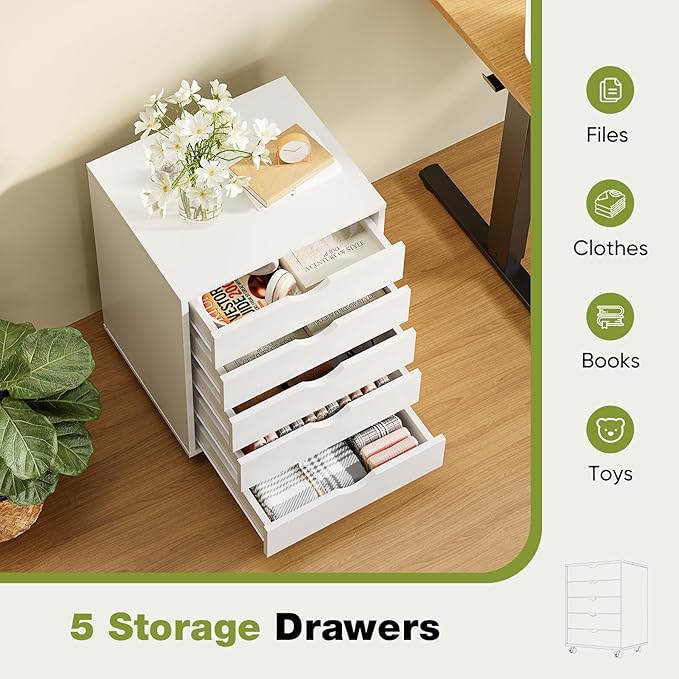 NEWBULIG 5 Drawers File Cabinet Under Desk Storage with Wheels Small Rolling Office Filing Cabinets Chest of Dawers for Home Office White
