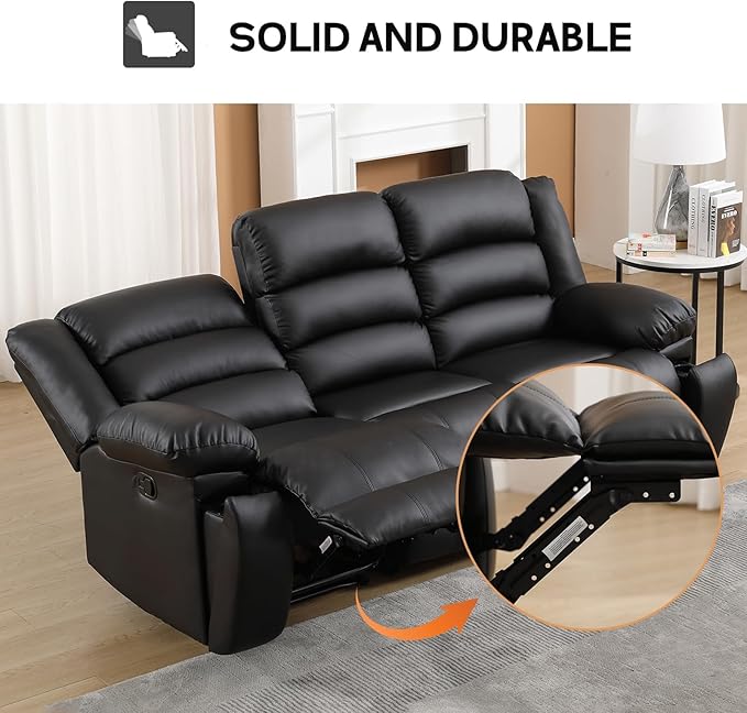 EBELLO Faux Leather Manual Reclining Sofa with 2 Concealed Cup Holders Overstuffed Armrest 3 Seat Recliner Sofa Couch for Living Room Meeting Room Bedroom Black