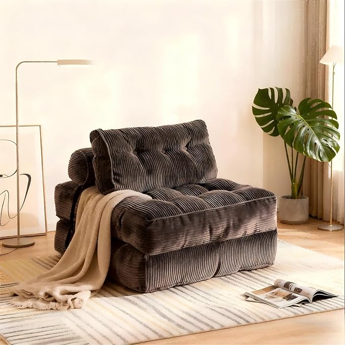Folding Sofa Bed Convertible Floor Sofa Chair Bed with Pillow Comfy Corduroy Sleeper Lounge with Back Support Portable Fold Out Mattress for Living Room Bedroom Dorm(Coffee)