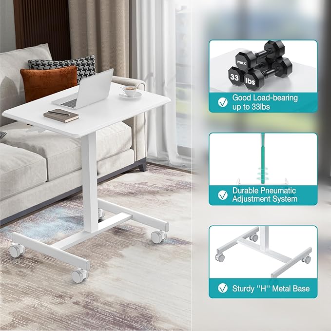 DUMOS Small Standing Desk Mobile Portable Rolling Laptop PC Table on Wheels Adjustable Height Computer Workstation for Home Office 19 Inch Modern White