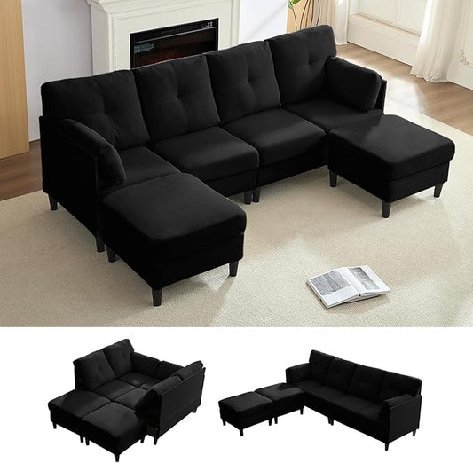 PUREMIND Sectional Couches for Living Room Modern Snow Velvet U-Shaped Sofa Couch with Double Chaise Upholstered 4 Seater Home Sofa for Living Room Apartment Office Black