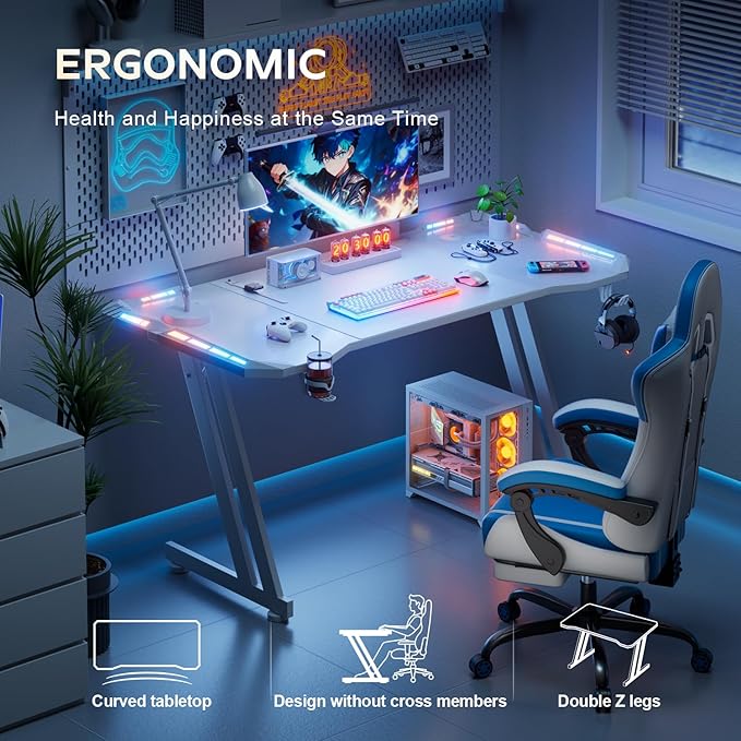 HLDIRECT 47 Inch Gaming Desk with LED Lights Carbon Fibre Surface Gaming Table Large Computer Desk Ergonomic Home Office Desks Z Shaped PC Gamer Workstations with Cup Holder &amp Headphone Hook White