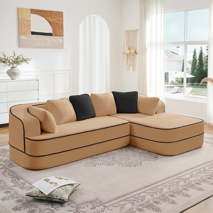 Boneless Sectional Couch with Memory Foam &amp Deep Seat Modular Sectional Sofa with Teddy Fabric for Living Room Cloud Couch with Facing Chaise No Assembly Required (Camel3 seat Right L)