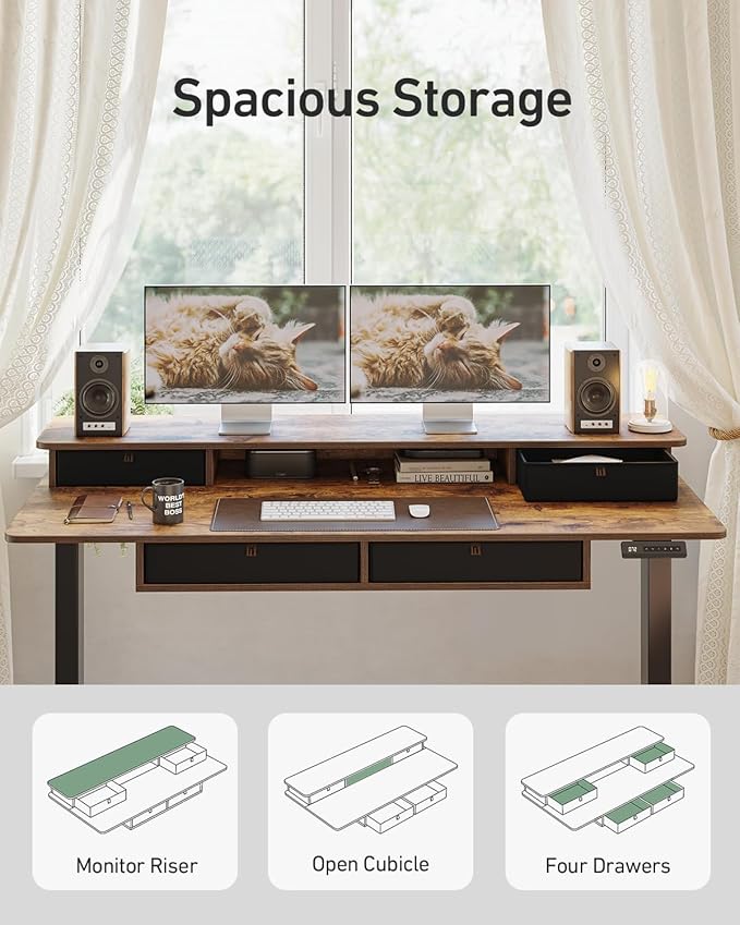 CubiCubi 55 x 30 Standing Desk with Drawers Height Adjustable Electric Workstation Computer Sit Stand Up Table with Large Storage Shelf 4 Drawers and 2 Hooks Rustic Brown