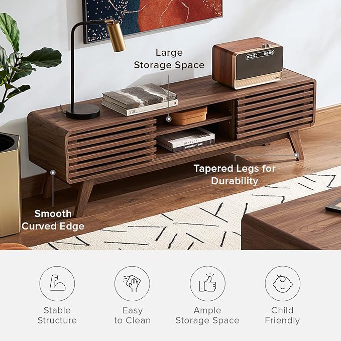 mopio Ensley 59 TV Stand with Slatted Door Mid Century Modern Entertainment Center for 55/60/65 inch TV Farmhouse Media Console with Storage Adjustable Shelves Round Edges Living Room (Walnut)