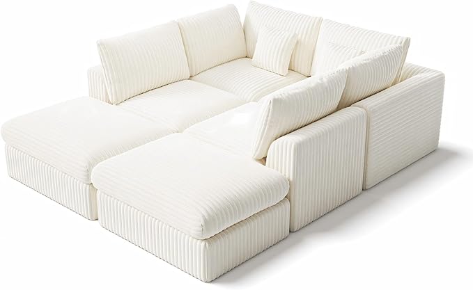 148” Cloud Sectional Couches Boneless Modular Sofa with Ottomans for Living Room Deep Seat Chenille Sectional Sofa for Apartment Warm White