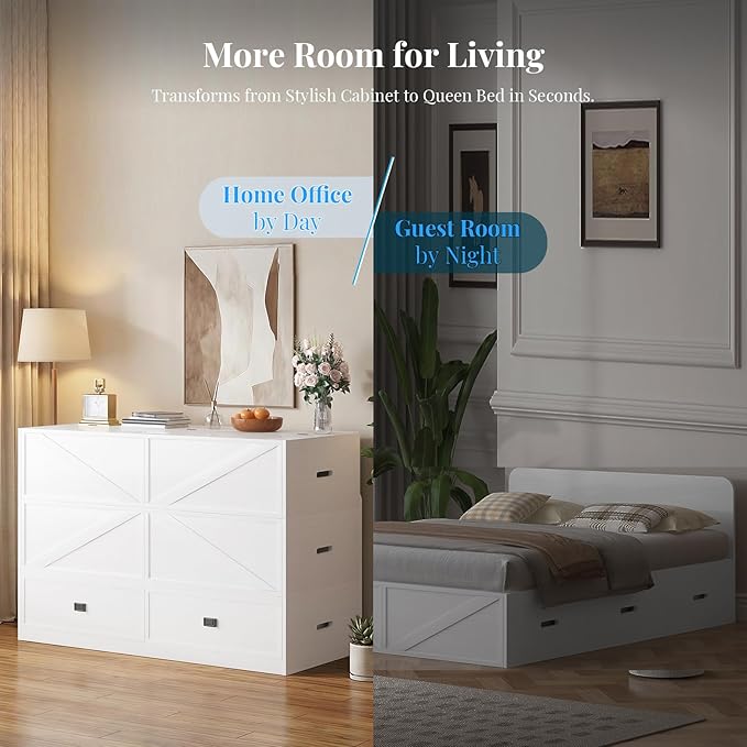 PUREMIND Murphy Bed Full with Mattress Included Wood Cabinet Bed with Dual Storage Drawers &amp 2 Pillows 3-in-1 Convertible Sofa Beds for Small Space Guest Room White