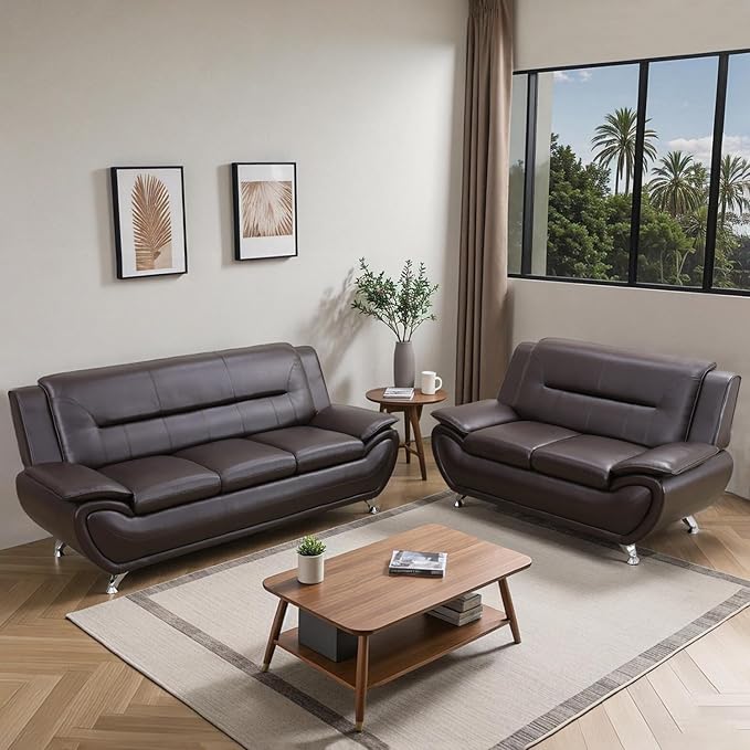 Modern Sofa and Loveseat Set Faux Leather 3 Seater Sofa 2 Seater Loveseat Button Tufted Seat Cushion Sectional Couches Living Room Furniture SetsBrown