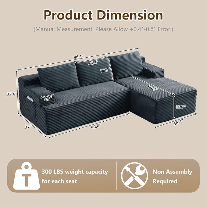 96 Cloud Sectional Sofa Boneless Couch for Living Room Modular Sectional Sofa with Deep Seat Fluffy Comfy Corduroy Couch with L-Shaped Chaise No Assembly Required (Grey Right Facing)