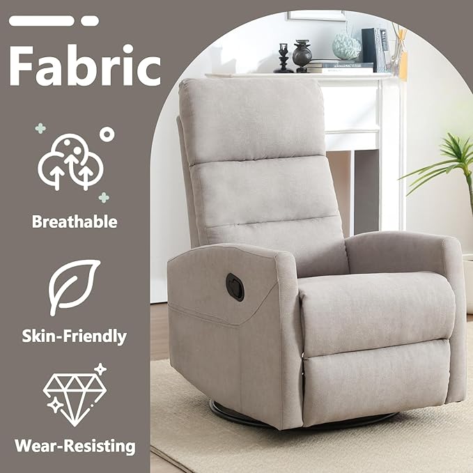 Slim Lazy Boy Recliners for for Adults Swivel Rocking Chair Recliner with High Back Small Recliner Chair for Small Spaces Manual Reclining Chair for Living Room Adjustable Footrest (Khaki)