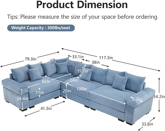 117 Corduroy Sectional Couches for Living Room Blue Comfortable Oversized Sectional Sofa Set with Deep Seat Large 3 Seater Couch with Corner Sofas para Sala Modern Couch Set