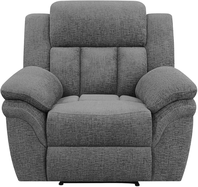 Coaster Home Furnishings - Bahrain - Fabric Upholstered Glider Recliner Chair with Wall Hugger Cool Gel Memory Foam Padded Arms and Plush Headrest - Living Room - 44-Inch - Charcoal - 609543