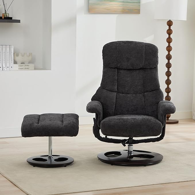 FOXHUNTER Chenille Recliner Chair with Ottoman Modern Massage Swivel Lounge 360° Swivel Rocker Recliner Comfy Modern Accent Arm Chairs for Living Room Bedroom (ChenilleDark Grey)