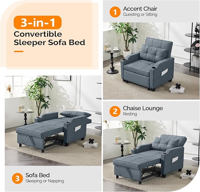 VINGLI 3-in-1 Convertible Sofa Bed Recliner with Adjustable Backrest USB Ports Cup Holders for Small Spaces Living Room