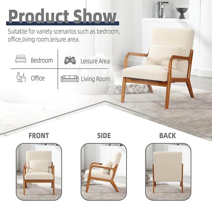 Modern Accent Chair Solid Wood Padding Lounge Armchairs with One Pillow for Living Room Bedroom Guest Room (Beige)