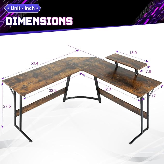 NChanmar L Shaped Gaming Desk with Monitor Riser Stand Home Office Corner Desk for Studying Working and Gaming Large Desktop Brown