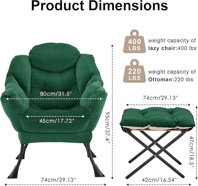 Lazy Chair with OttomanOversized Accent Chair with Thick Cushion Side PocketModern Lounge Arm Reading Chair and Folding Footrest for Living RoomBedroomOfficeDormApartment Green