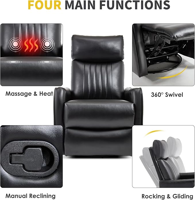 Swivel Rocker Recliner Chair 360° Swivel Recliner with Heat and Massage Rocker Recliner Nursery Glider Chair with Side Pockets for Living Room (Black Faux Leather)