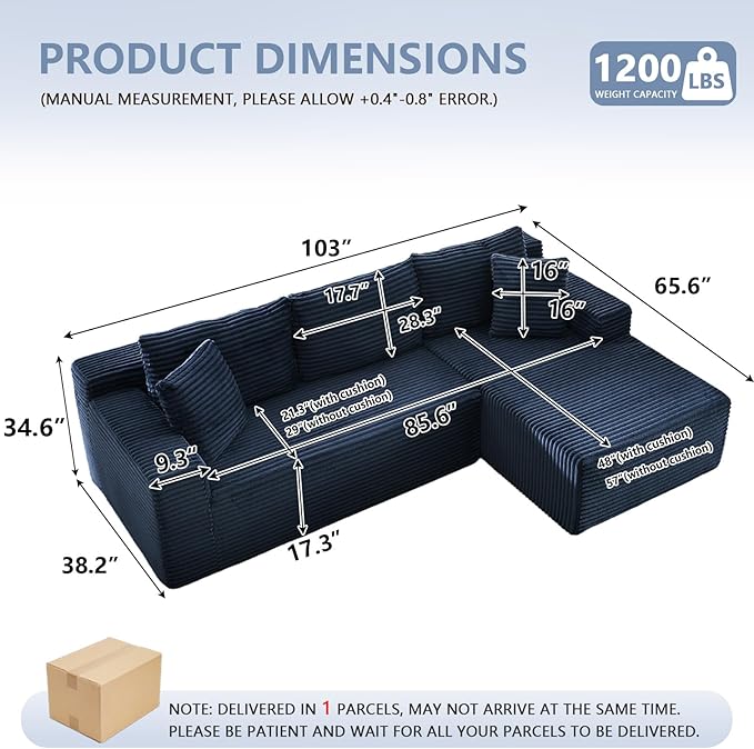 103 L-Shape Cloud Couch with Chaise Upholstered Corduroy Modular Sectional Sofa Deep Seat Couch with Free Combination for Living Room &amp ApartmentNo Assembly Required(BlueRight Facing Chaise)