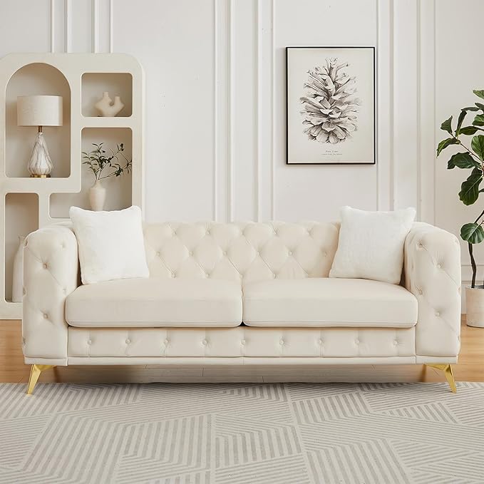 Sofa and Loveseat Set Chesterfield Vintage Mid Century Modern Velvet Fabric Upholstered Button Tufted Deep Seat Sofa Couch Furniture Set with 4 Throw Pillows for Living Room Office Beige (2 Pieces)
